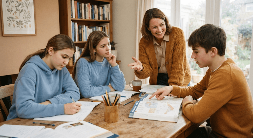 A tutor explaining a point to three students working around a table