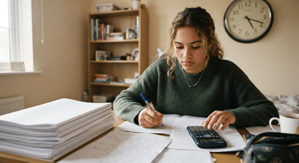 A student working through a past paper with a calculator, stacks of practice papers beside her