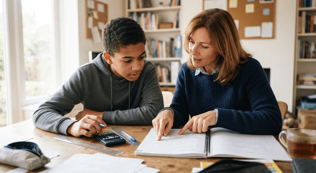 A tutor and student sitting side by side, working through a diagram in an exercise book