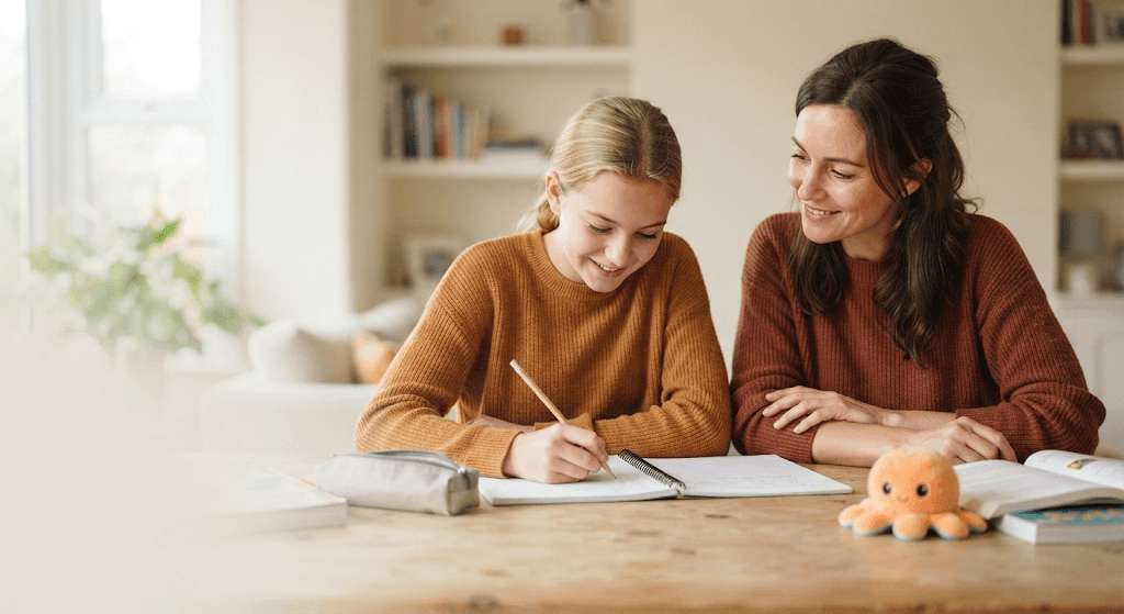 A tutor sitting beside a student, helping her work through a problem in her notebook