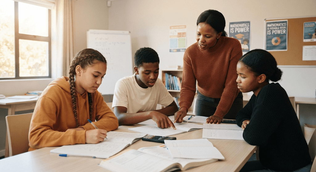 A tutor leaning over a table, pointing at a calculation while three high-school students work through it in their books