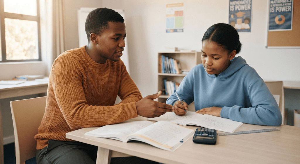 A tutor explaining a maths problem to a student working through it in her exercise book