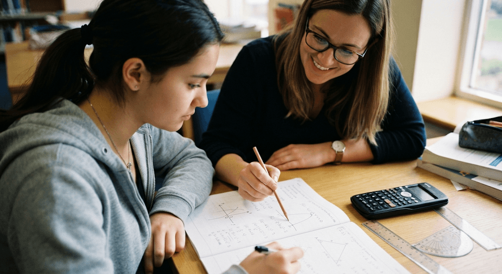 A tutor and student working through a graph sketched in an exercise book, with a calculator and protractor on the table