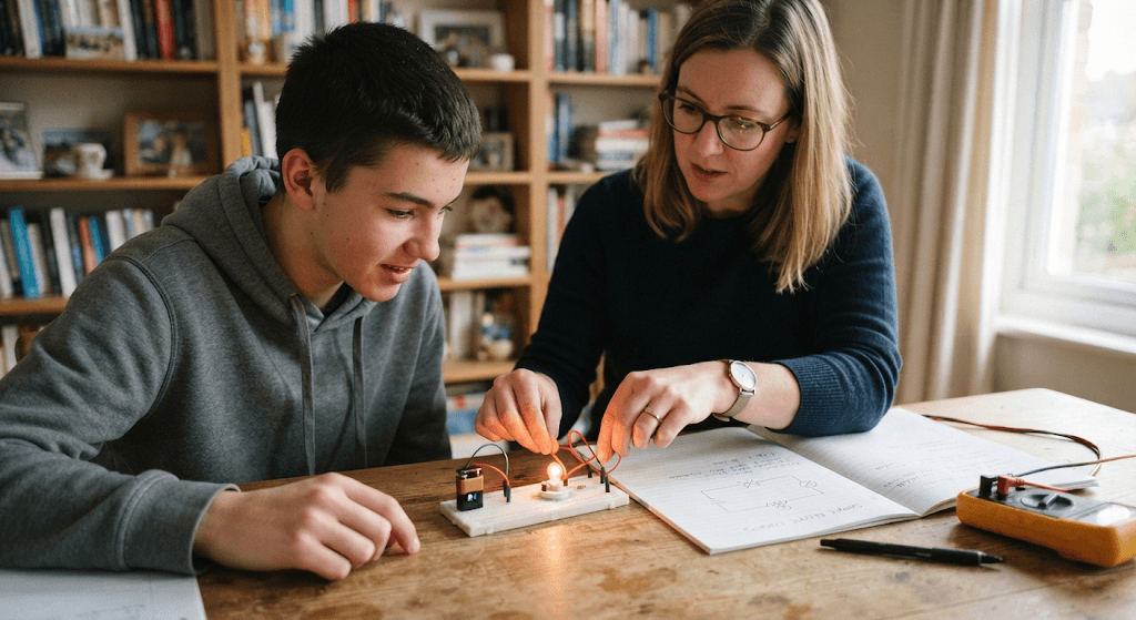 A student and tutor building a simple circuit with a battery and bulb beside a hand-drawn circuit diagram